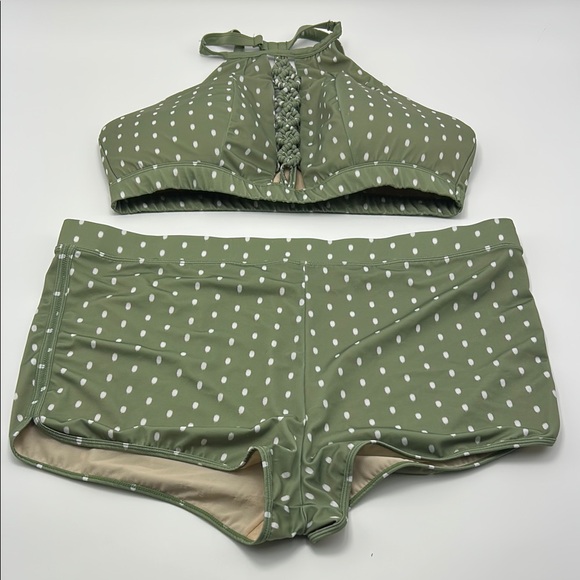 Swim By Cacique Bikini Set Green‎ Polka Dot 20/26 High Waist Padded Alter Neck - Picture 1 of 13